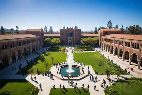 University of California, Los Angeles, UCLA campus, sunny day, blue sky with few white clouds, palm trees lining the walkways, students walking to class, backpacks and laptops, modern architecture bui