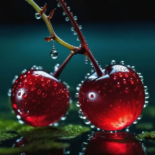 a large red cherry with dew drops,bubble cherries,water drops,cherries,sweet cherries,waterdrops,dew droplets,heart cherries,pomegranate,dewdrops,water droplets,dew drops,frozen dew drops,red berries,