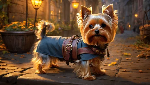 Imagine a whimsical fantasy world where a talking yorkie embarks on a magical adventure to find a lost treasure.,yorkshire terrier,australian silky terrier,biewer yorkshire terrier,australian terrier,