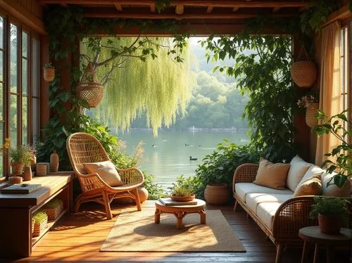 idyllic,summer cottage,house by the water,sunroom,japanese-style room,houseboat,livingroom,river view,sitting room,living room,serene,teahouse,veranda,idyll,cottage,cabana,verdant,conservatory,porch swing,bedroom window,Photography,General,Realistic