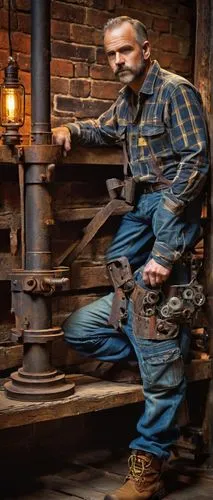 Rustic industrial background, architectural salvage warehouse, mature man, 40s, worn jeans, plaid shirt, tool belt, rugged boots, handling old wooden beam, distressed brick wall, metal scaffolding, vi