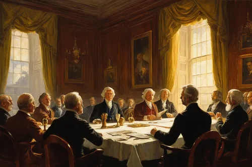 founding,the conference,council,round table,seven citizens of the country,last supper,men sitting,george washington,long table,fraternity,breakfast table,thomas jefferson,holy supper,a meeting,tea party,board room,the dining board,boardroom,conference table,order of precedence,Illustration,Realistic Fantasy,Realistic Fantasy 32