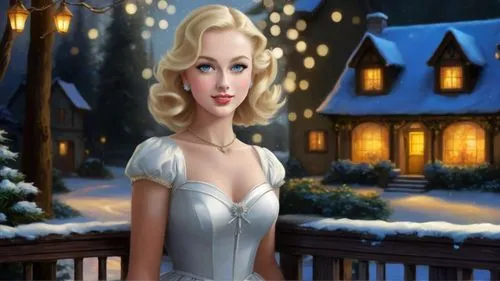 Romantic masterpiece oil painting, cute girl portrait, nostalgic 1950's style kitsch, breathtaking beautiful winter kingdom landscape, majestic fantasy scenery, evening lighting, highly detailed highr