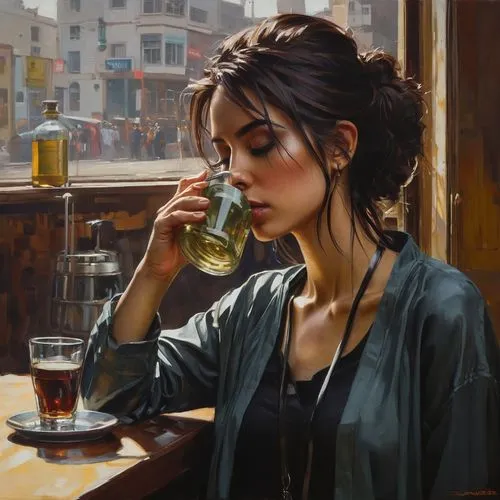 woman at cafe,woman drinking coffee,oil painting,smoking girl,barmaid,oil painting on canvas,parisian coffee,women at cafe,woman thinking,drinking,cigarette girl,cold drink,girl smoke cigarette,romantic portrait,drinking coffee,girl with bread-and-butter,aperitif,coffee shop,bartender,woman with ice-cream,Conceptual Art,Fantasy,Fantasy 15