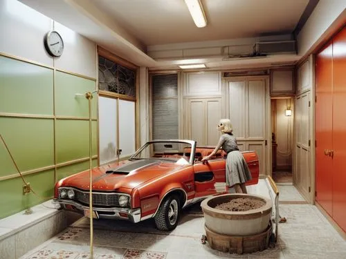 a woman looks at an orange car in a home,underground garage,garage,auto repair shop,fallout shelter,garages,parkade,Photography,Documentary Photography,Documentary Photography 06