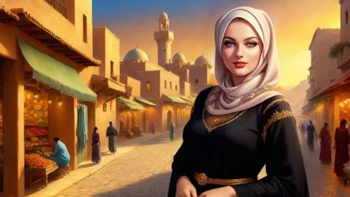 Romantic masterpiece oil painting, beautiful curvy woman portrait, tight abaya dress, nostalgic 1950's style kitsch, breathtaking beautiful epic vast landscape, Middle Eastern majestic scenery, street