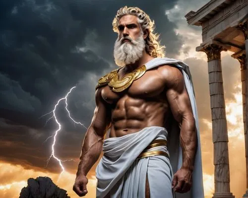 God Zeus, muscular man, strong facial features, short white beard, long curly hair, golden laurel wreath, powerful chest, robust waist, strong legs, white toga, lightning bolts in hand, standing proud