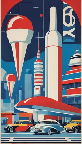 travel poster,atomic age,vintage illustration,art deco,automobiles,40 years of the 20th century,1952,metropolis,futura,auto union,odaiba,retro diner,travel trailer poster,year of construction 1954 – 1962,fleet and transportation,shanghai,50s,ford motor company,industries,general motors,Art,Artistic Painting,Artistic Painting 43