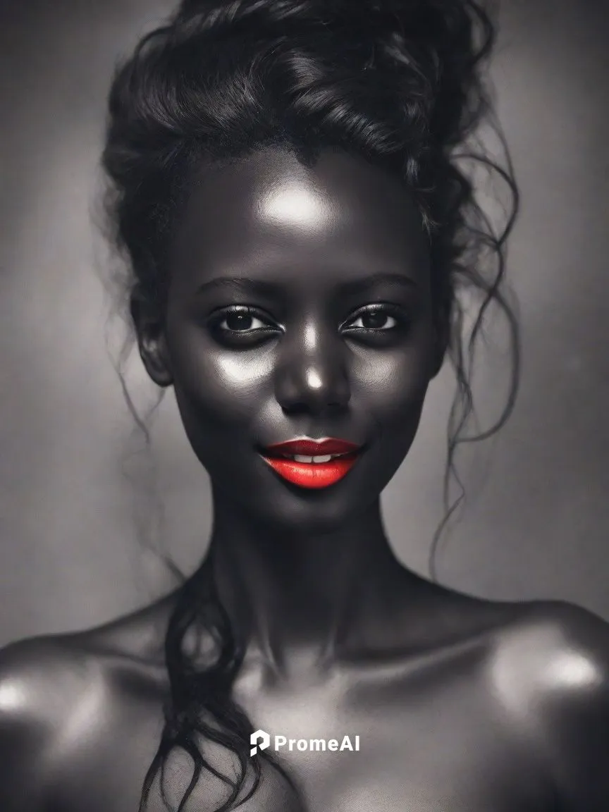 bright red lips. Nude, skin and face made of black paint, digital portrait of a nude woman all adorned in black paint, Flowing hair, The background is a dark black void, fashion, cinematic
,black skin