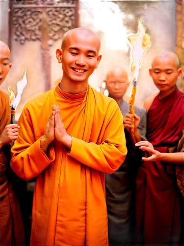 Buddhist monks, congregation, group photo, traditional robes, shaved heads, gentle smiles, hands clasped together, praying, incense sticks, intricate wood carvings, golden decorations, warm lighting, 