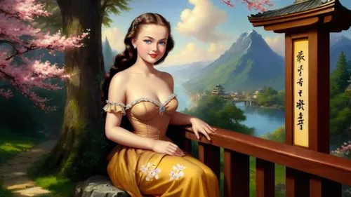 Romantic masterpiece oil painting, cute shrine maiden girl portrait, nostalgic 1950's style kitsch, beautiful exotic rural Japanese landscape, cherry blossom scenery, Japanese sakura, flower petals, b