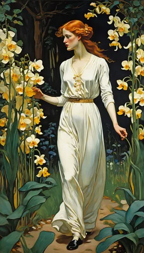 girl in the garden,the garden marigold,lilly of the valley,girl in flowers,girl picking flowers,flora,daffodils,secret garden of venus,narcissus of the poets,mayweed,yellow garden,narcissus,marguerite,lilies of the valley,mucha,tanacetum balsamita,rusalka,jonquils,lily of the field,fiori