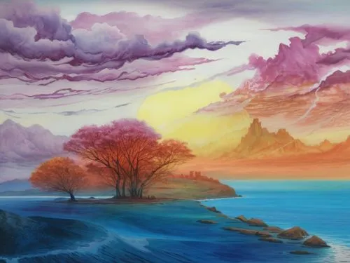 this is an image of painting on the wall,fantasy landscape,purple landscape,landscape background,watercolor background,sea landscape,fantasy picture,Illustration,Realistic Fantasy,Realistic Fantasy 25