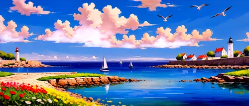 sea landscape,landscape background,an island far away landscape,mushroom island,harbor,coastal landscape,sailboats,cartoon video game background,bird kingdom,flying island,world digital painting,fantasy landscape,beach landscape,seaside resort,boat landscape,bird island,fairy world,seaside country,islands,futuristic landscape,Illustration,Vector,Vector 07