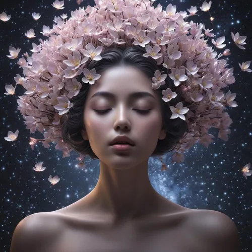 cosmic flower,flowers celestial,flower fairy,mystical portrait of a girl,girl in flowers,petals,flower nectar,wreath of flowers,bloom,falling flowers,moonflower,blossom,fantasy portrait,blooming wreath,passion bloom,elven flower,girl in a wreath,flower essences,starflower,blossoms,Photography,Artistic Photography,Artistic Photography 11