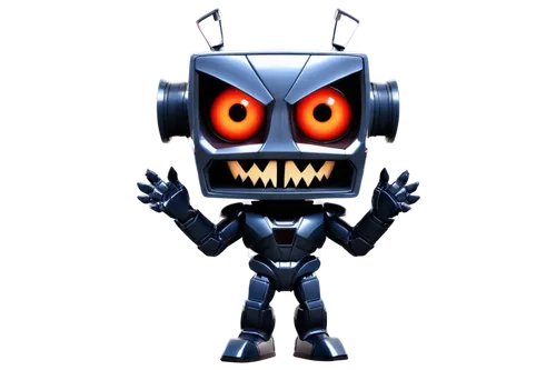 Creepy mascot, jumpscare character, loudspeaker, soundwave, digital display, metallic body, glowing red eyes, sharp teeth, menacing smile, dark background, spotlight, intense lighting, close-up shot, 