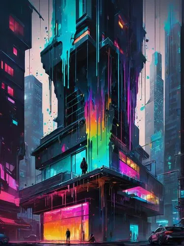 cyberpunk,cybercity,colorful city,cyberworld,futuristic landscape,cybertown,synth,bladerunner,cityscape,cyberscene,futuristic,scifi,skyscraper,neuromancer,neon arrows,metropolis,cyberia,digitalism,cyberport,synthetic,Conceptual Art,Graffiti Art,Graffiti Art 08