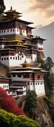 Bhutanese architecture, Dzong style, grand, majestic, intricate wooden carvings, vibrant colors, golden roofs, white walls, red doors, ornate balconies, tiered roofs, Buddhist temple, monastery, Himal