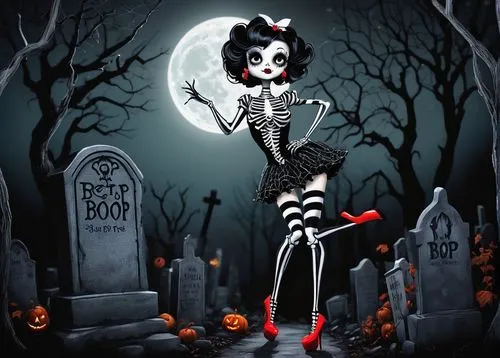 Betty Boop, skeleton, cartoon style, black and white striped stockings, red heels, curly bob hairstyle, iconic "boop-boop-a-doop" singing pose, spooky graveyard, full moon, eerie mist, creepy trees, g