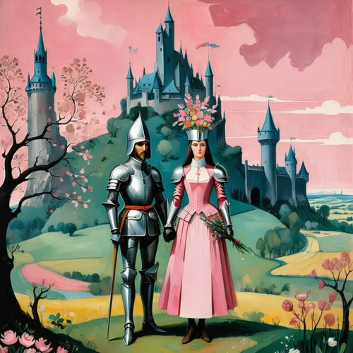 couple of woman in medieval dress with high cap headdress and knight in armor with open visor holding bouquet of flowers standing next to each other, storybook illustration, Terry Oakes, tumblr, forma