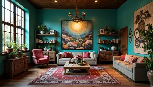 bohemian art,sitting room,loft,interior decor,turquoise leather,boho art style,anthropologie,living room,contemporary decor,great room,livingroom,interior design,blue room,interior decoration,modern decor,home interior,redecorate,decor,reading room,danish room