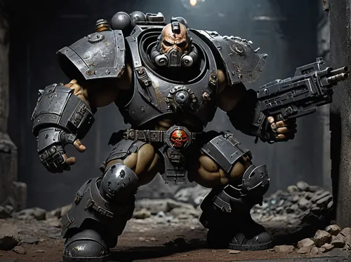 smart ogryn, Warhammer 40k, bulky physique, muscular, intelligent expression, cybernetic enhancements, tactical gear, heavy stubber, power gauntlet, armored plates, grimy skin texture, scars, military