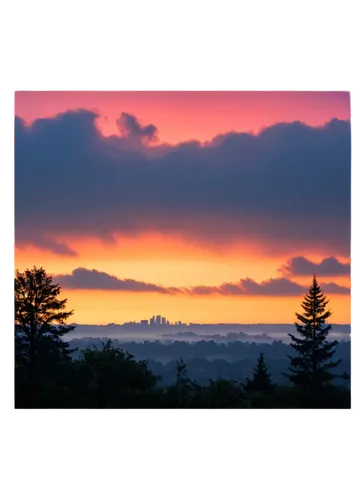 Morning sunrise, golden hour, warm soft light, gentle rays, clouds with pinkish hue, sky gradation, silhouette of trees or buildings, misty atmosphere, peaceful ambiance, shallow depth of field, panor