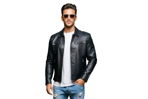 Cool male celebrity, handsome face, stylish hair, sunglasses, leather jacket, white shirt, ripped jeans, sneakers, posing, one hand in pocket, calm expression, soft focus, low-key lighting, shallow de