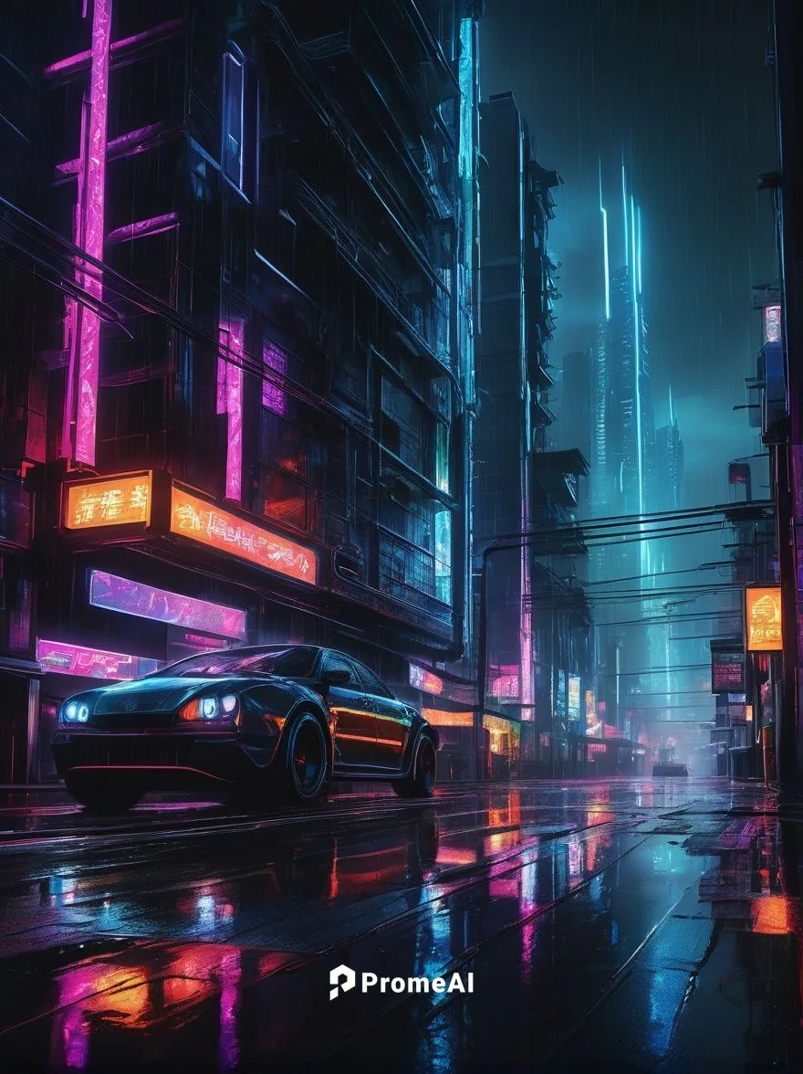 Futuristic skyscraper, metabolism-inspired design, twisted metal beams, glowing neon lights, iridescent glass façade, intricate pipe networks, steam-emitting vents, cyberpunk cityscape, rainy night, m