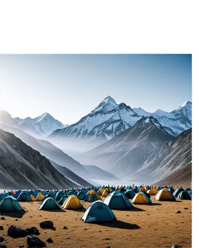 Everest Base Camp, Himalayan landscape, snowy mountain peaks, tents and camping gear, trekking poles, oxygen tanks, mountaineers in down jackets, warm hats and gloves, backpacks, ropes and carabiners,