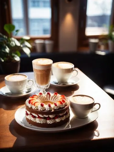 Apfelsahnetorte, Frankfurter Kranz und Cappuccino,a cake, two cups, and two cups of coffee are set on a table,fika,coffee and cake,demitasse,coffeehouse,teashop,tearooms,Photography,General,Cinematic