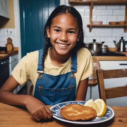 Wearing his denim overalls, a young and gleeful, dark brown skin Native American 18 years old girl sitting at the kitchen table as he is about to eat the plate of fried bread in front of him. He is ha