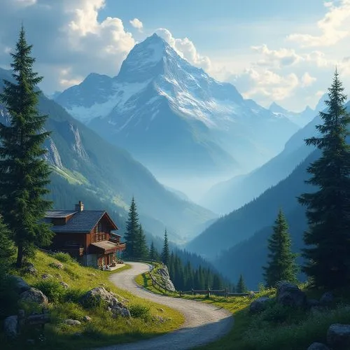 house in mountains,house in the mountains,alpine landscape,mountain landscape,alpine village,mountain scene,mountain hut,landscape background,mountain settlement,home landscape,mountain huts,the cabin in the mountains,mountain village,alpine hut,high alps,lonely house,the alps,mountainous landscape,world digital painting,mountainside,Photography,General,Realistic