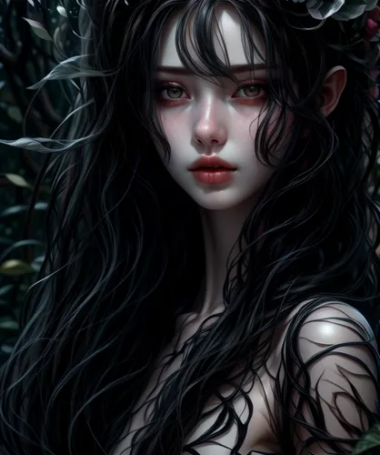 fantasy portrait,dryad,faery,the enchantress,faerie,rusalka,mystical portrait of a girl,fantasy art,fae,elven,wilted,ivy,dark elf,elven flower,digital painting,poison ivy,black rose,black rose hip,gothic portrait,dark art