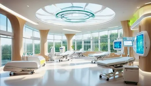 Modern hospital, covid-19 architecture, futuristic design, white walls, large windows, natural light, open spaces, ventilation system, air purification, negative pressure rooms, isolation wards, ICU b