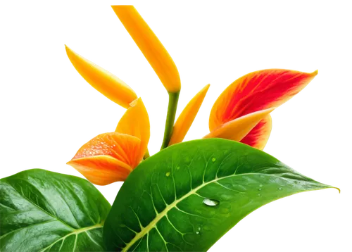 Tropical plants, colorful flowers, lush green leaves, exotic fruit, detailed veins, vibrant petals, stems with water droplets, natural light, warm color tone, shallow depth of field, 3/4 composition, 