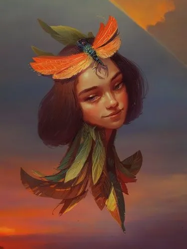 tiger lily,moana,bird of paradise,flower in sunset,fantasy portrait,fae,flower fairy,digital painting,harpy,feather headdress,feather,spring crown,wilted,flora,elven flower,little girl in wind,fallen 