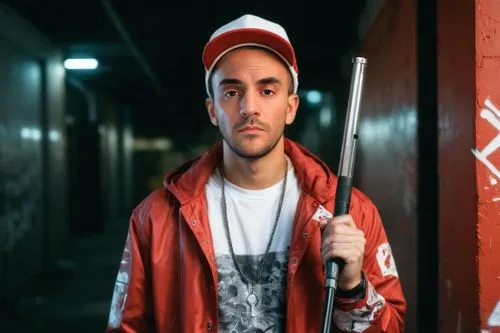 Male  adult wearing a red jacket and white hat holding a weapon, urban city environment, Grunge style, red and white graffiti, realistic,,farro,mac,dj,baseball bat,novelist,ski pole,janitor,rap,didger