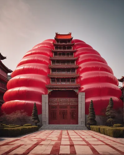 A building made of (light red:1.3) inflatable plastic film material, Chinese traditional authentic, orientalism, enormous building, sunny day, full shot, National Geographic, surrealism, Ultra quality