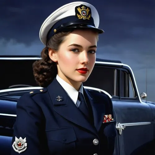 A gorgeous 21 years old woman in light-grey navy dress uniform before  dark-blue 1944 U.S. Navy Lincoln Staff Car ,servicewoman,stewardess,opel captain,attendant,aviatrix,abagnale,1940 women,stewardes