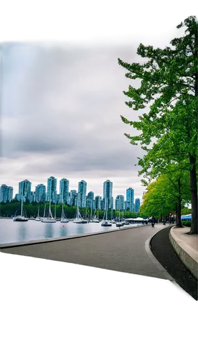 Vancouver cityscape, Canada, cloudy sky, modern skyscrapers, glass towers, Stanley Park trees, Seawall path, English Bay beach, sailboats, Vancouver Harbour, Granville Island Public Market, 3/4 compos