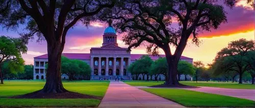 Texas A&M University campus, morning time, warm sunlight, dramatic clouds, grand entrance gate, iconic Academic Plaza, sprawling lawn, mature oak trees, people walking in the distance, backpacks, cowb