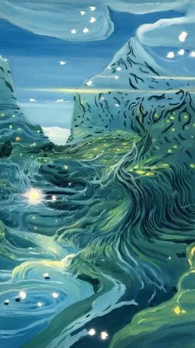 a blue painting with a small waterfall going through it,ocean waves,water waves,whirlwinds,whirlpools,igelstrom,waterscape,Illustration,Realistic Fantasy,Realistic Fantasy 31