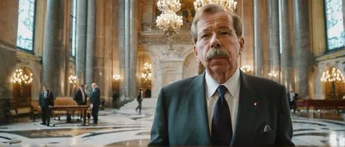 Vaclav Havel, middle-aged man, Czech president, suit, tie, glasses, balding hair, mustache, serious expression, standing, Prague city hall, marble floor, grand staircase, ornate chandelier, European-s