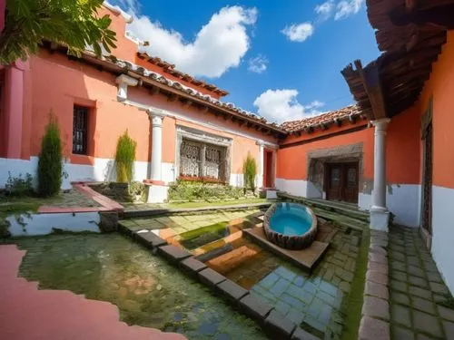 DISEÑO DE UNA CASA ESTILO MEXICANO MODERNO, CON UN CLAUSTRO CONFORMADO POR UNA TERRAZA  A BASE DE VIGAS DE MADERA, TEJA, COLUMNAS REDONDAS, EN EL CENTRO UN ESPEJO DE AGUA, CON EL ESTILO DE LA ARQUITEC