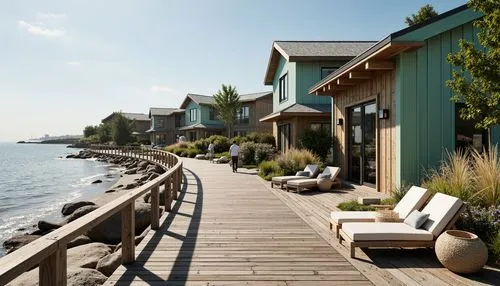 Weathered wooden docks, rustic seaside piers, driftwood accents, ocean-battered stones, rough-hewn granite walls, salt-resistant metals, coral-inspired ceramics, sea-foam green roofs, translucent fibe