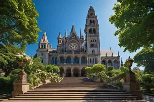 Historical building, grand entrance, ornate facade, intricate carvings, stone columns, stained glass windows, Gothic architecture, majestic clock tower, sprawling steps, lush greenery, vibrant flowers