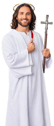 Jesus Christ, holy, divine, long white robes, golden halo, gentle eyes, kind smile, soft beard, holding cross, standing, sacred, ornate background, warm lighting, cinematic composition, shallow depth 