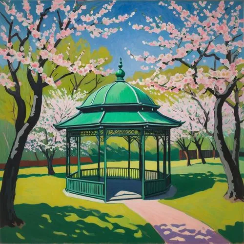 bandstand,gazebos,gazebo,sakura trees,sakura tree,takato cherry blossoms,Art,Artistic Painting,Artistic Painting 40