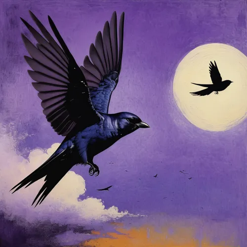 Compose a descriptive poem about a purple martin soaring high in the sky.,purple martin,nocturnal bird,night bird,ravens,raven bird,bird painting,the hummingbird hawk-purple,great-tailed grackle,grack